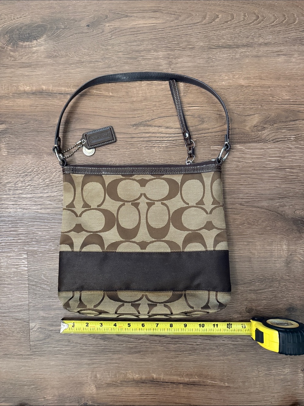 Coach Brown Signature Canvas Shoulder Bag with Dark Brown Trim